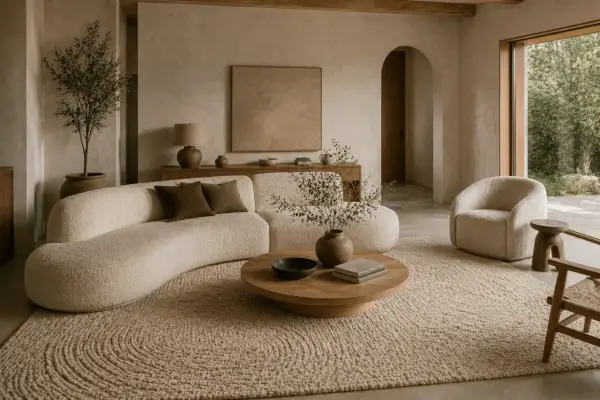 Ett lugnt, minimalistiskt hem med en böljande soffa, en rund soffbord och en fåtölj i bouclé. Naturliga material och jordnära färger skapar en harmonisk atmosfär.