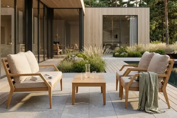 Trädgårdsmöbler i teak med klassisk design, placerade på en altan vid ett modernt hus.