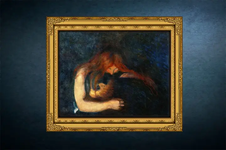 En kvinna med rött hår omfamnar ett barn i mörka toner. Edvard Munch fakta: Målningen heter "Madonna".